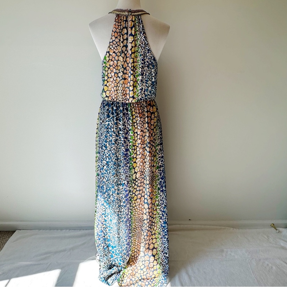 Charlie Jade Beaded Halter Neck Blue Green Colorful Party Maxi Dress, size M - Picture 5 of 16